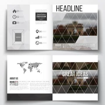 Set of square design brochure template. Polygonal background, blurred image Illustrazione stock