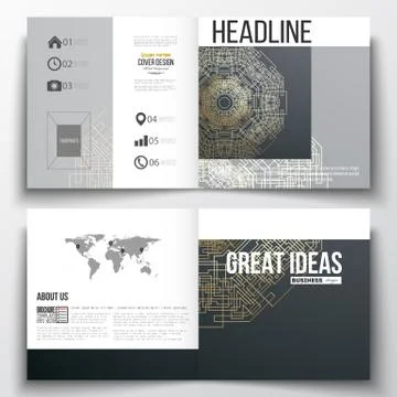 Set of square design brochure template. Round golden technology pattern on dark Stock Illustration