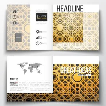 Set of square design brochure template. Islamic golden vector texture, geometric Illustration