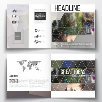 Set of square design brochure template. Polygonal background, blurred image 스톡 일러스트