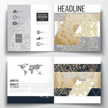 Set of square design brochure template. Golden microchip pattern, connecting Illustrazione stock