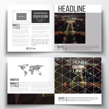 Set of square design brochure template. Dark polygonal background, blurred image 스톡 일러스트