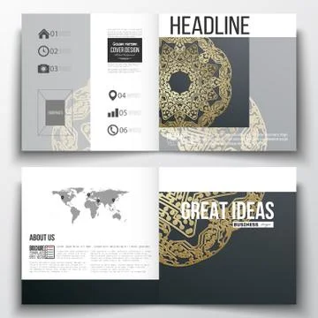 Set of square design brochure template. Golden microchip pattern on dark イラスト素材