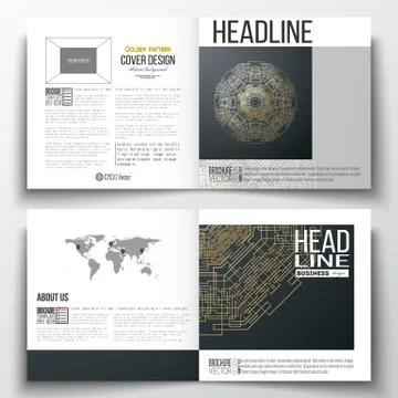 Set of square design brochure template. Round golden technology pattern on dark Illustrazione stock
