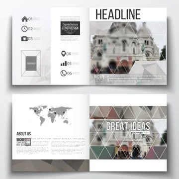 Set of square design brochure template. Polygonal background, blurred image 스톡 일러스트