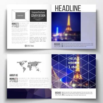 Set of square design brochure template. Dark polygonal background, blurred image Stock Illustration