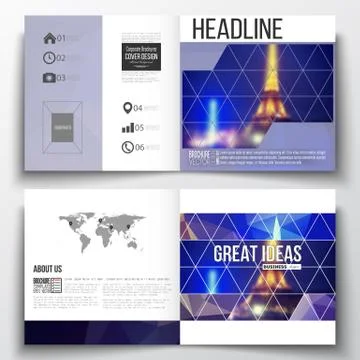 Set of square design brochure template. Dark polygonal background, blurred image Stock Illustration