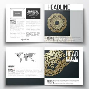 Set of square design brochure template. Golden microchip pattern on dark Illustrazione stock