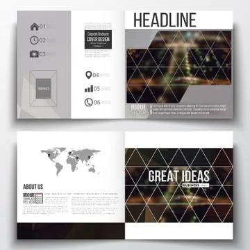 Set of square design brochure template. Dark polygonal background, blurred image Stock Illustration