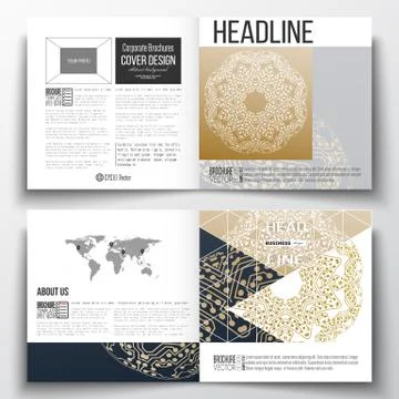 Set of square design brochure template. Golden microchip pattern, connecting 스톡 일러스트