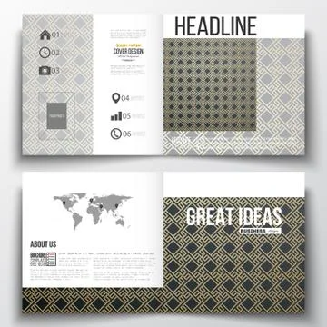 Set of square design brochure template. Islamic gold pattern with overlapping Stock Illustration