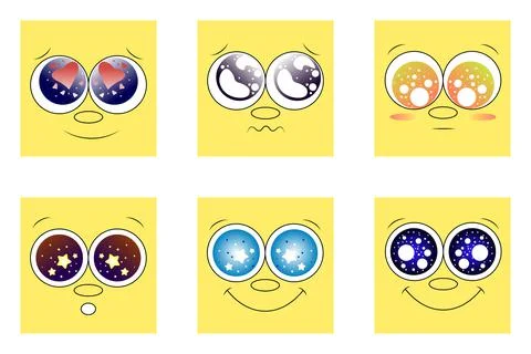 Set of square emoticons with different emotions and big eyes in flat design Stock Illustration