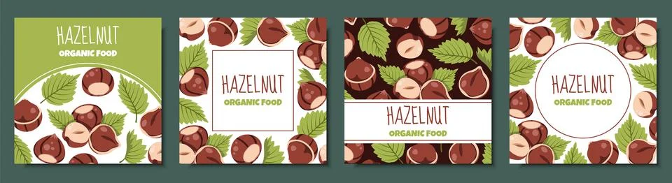Set of Square Frame Templates with Hazelnuts and Green Leaves in Flat Style.. Illustrazione stock