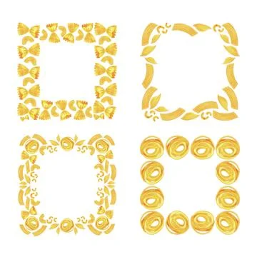 A set of square frames of different types of Italian pasta for designing menus Illustrazione stock