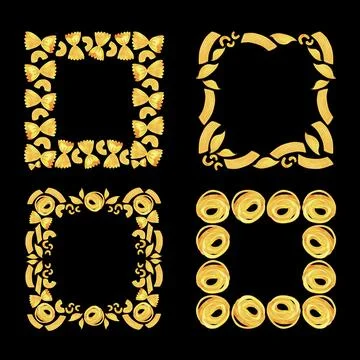 A set of square frames of different types of Italian pasta for designing menus Stock Illustration