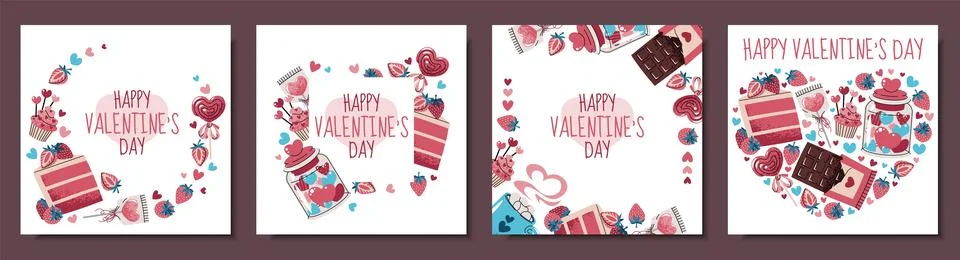 Set of square frames with sweets, cake, chocolate, strawberry, candy and hearts Stock Illustration