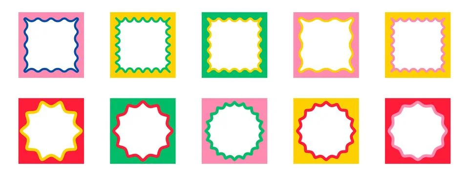 Set of square frames with wavy edges. Trendy borders in retro groovy style... Stock Illustration