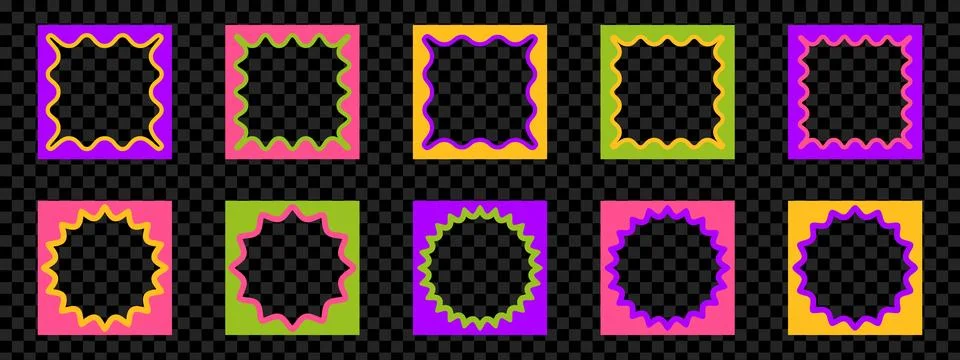 Set of square frames with wavy edges. Trendy borders with groovy patterns. .. Stock Illustration
