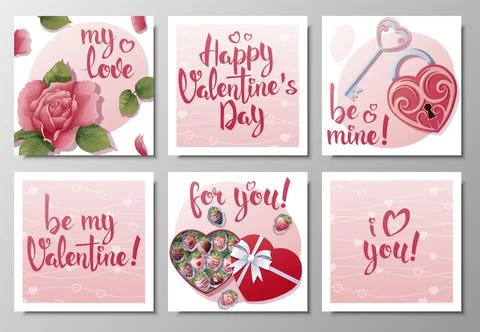 Set of square greeting cards for Valentine's day. A rose, a box of chocolate- Stock Illustration