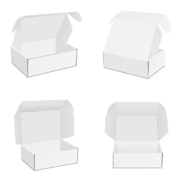 Set of Square Mailing Cardboard Boxes with Opened Lid, Front, Side, Back View Stock Illustration