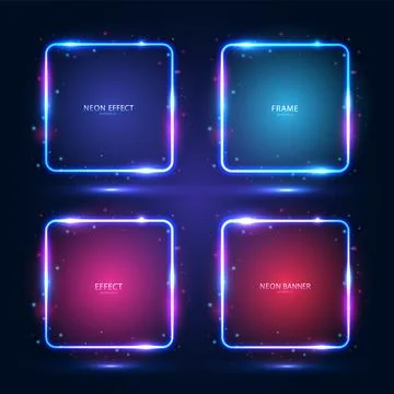 A set of square neon frames with shining effects, highlights and inscriptions on Stock Illustration
