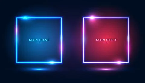 A set of square neon frames with shining effects, highlights and inscriptions on Stock Illustration