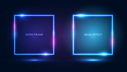 A set of square neon frames with shining effects, highlights and inscriptions on Stock Illustration