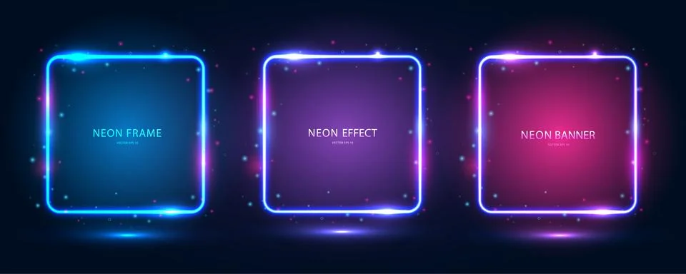A set of square neon frames with shining effects, highlights and inscriptions on Stock Illustration