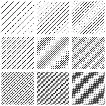 Set square patterns with diagonal lines stripes, vector diagonal parallel lines Stock Illustration