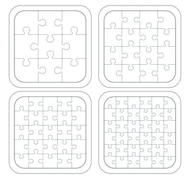 Set of square puzzles 3, 4, 5 and 6 pieces each side with rounded corners, set Stock Illustration