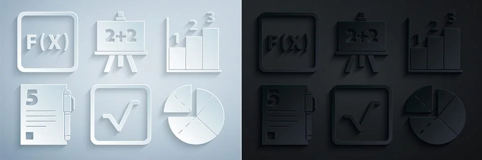 Set Square root, Graph, schedule, chart, diagram, Test or exam sheet and pen Stock Illustration