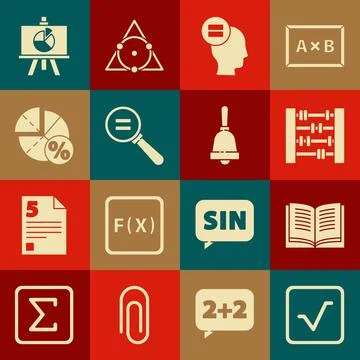 Set Square root, Open book, Abacus, Calculation, Graph, schedule, chart, diag Stock Illustration