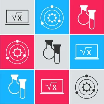 Set Square root of x glyph, Solar system and Test tube and flask icon. Vector Stock-Illustration