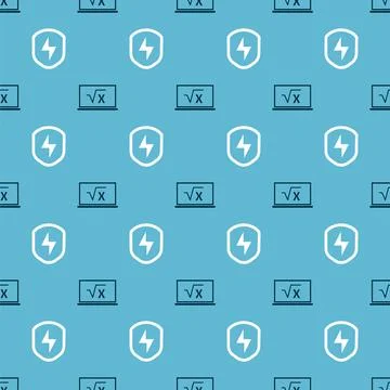 Set Square root of x glyph and Secure shield with lightning on seamless pattern Illustrazione stock