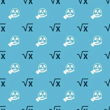 Set Square root of x glyph and Radioactive on seamless pattern. Vector Stock Illustration