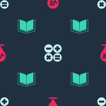 Set Square root of x glyph, Calculator and Open book on seamless pattern. Vector Illustrazione stock