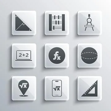 Set Square root of x glyph, Triangular ruler, Geometric figure Sphere, Function Stock Illustration