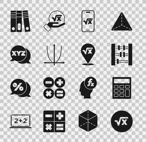 Set Square root of x glyph, Calculator, Abacus, Graph, schedule, chart, diagram Stock Illustration