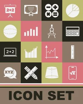 Set Square root of x glyph, Ruler, Calculator, Graph, schedule, chart, diagram Illustrazione stock