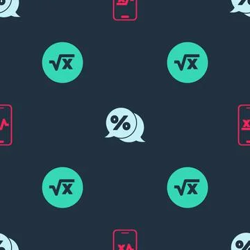 Set Square root of x glyph, Discount percent tag and on seamless pattern. Vector Stock Illustration
