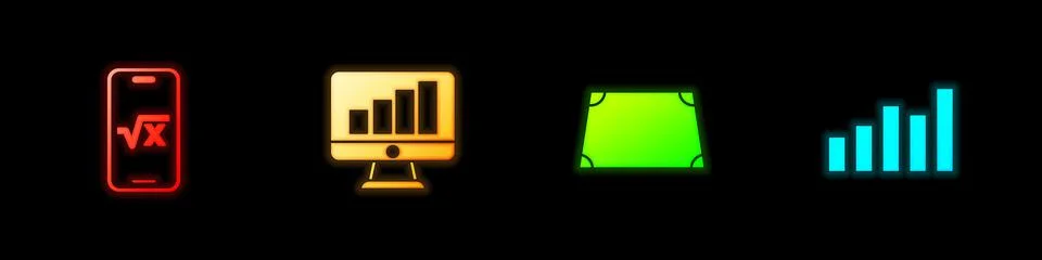 Set Square root of x glyph, Computer monitor with graph chart, Acute trapezoid 스톡 일러스트