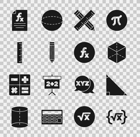 Set Square root of x glyph, Triangle math, Geometric figure Cube, Crossed ruler Illustrazione stock