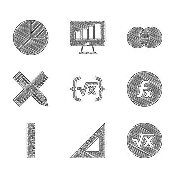 Set Square root of x glyph, Triangular ruler, Function mathematical symbol Stock Illustration