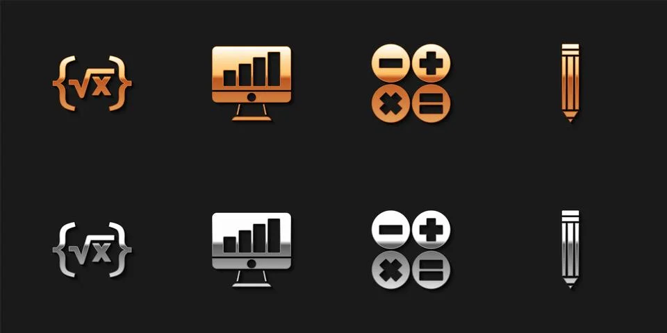 Set Square root of x glyph, Computer monitor with graph chart, Calculator a.. Illustrazione stock