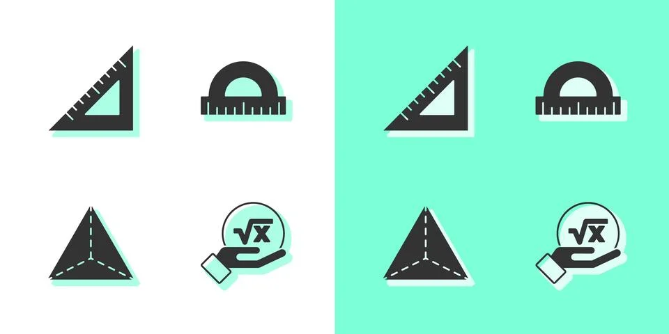 Set Square root of x glyph, Triangular ruler, Geometric figure Tetrahedron .. Stock Illustration