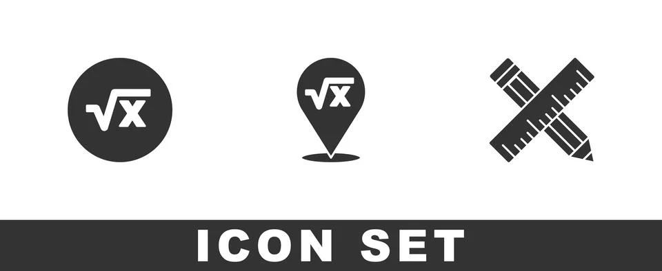 Set Square root of x glyph,  and Crossed ruler and pencil icon. Vector Stock Illustration
