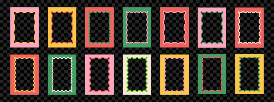 Set of square wavy frames with scallop edges. Trendy borders in retro groov.. Illustrazione stock
