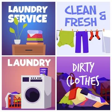 Set of squared banners about dirty clothes and laundry service flat style Stock Illustration