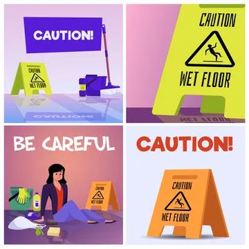 Set of squared banners about wet floor flat style, vector illustration Stock Illustration