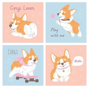 Set of squared banners with corgi dogs flat style, vector illustration Illustrazione stock